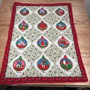 Hand Made Red Twelve Days of Christmas Wall Hanging Blanket Quilt